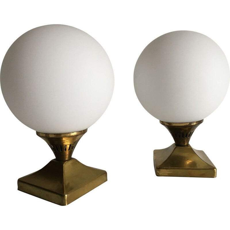 Pair of vintage brass and opaline balls 1950 lamps