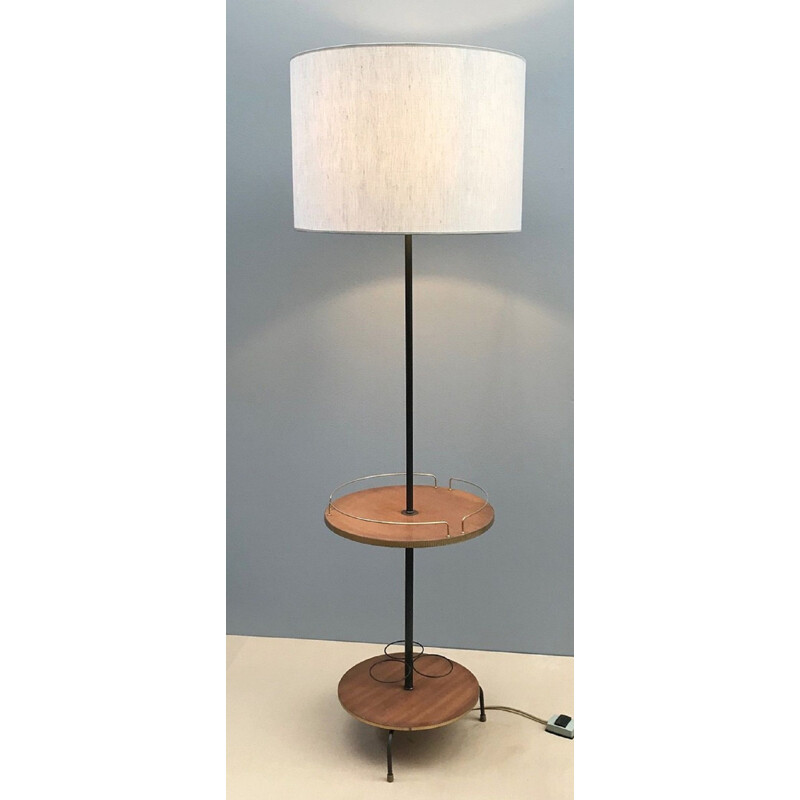 Vintage Teak and Golden Metal Bar Floor Lamp 1960