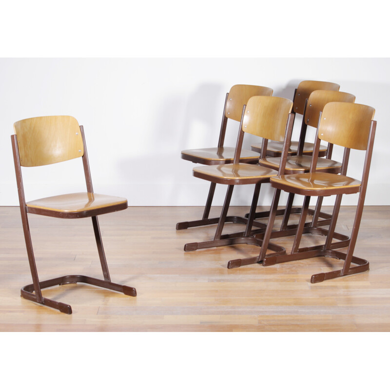 Set of 6 dutch school chairs in metal and plywood - 1950s