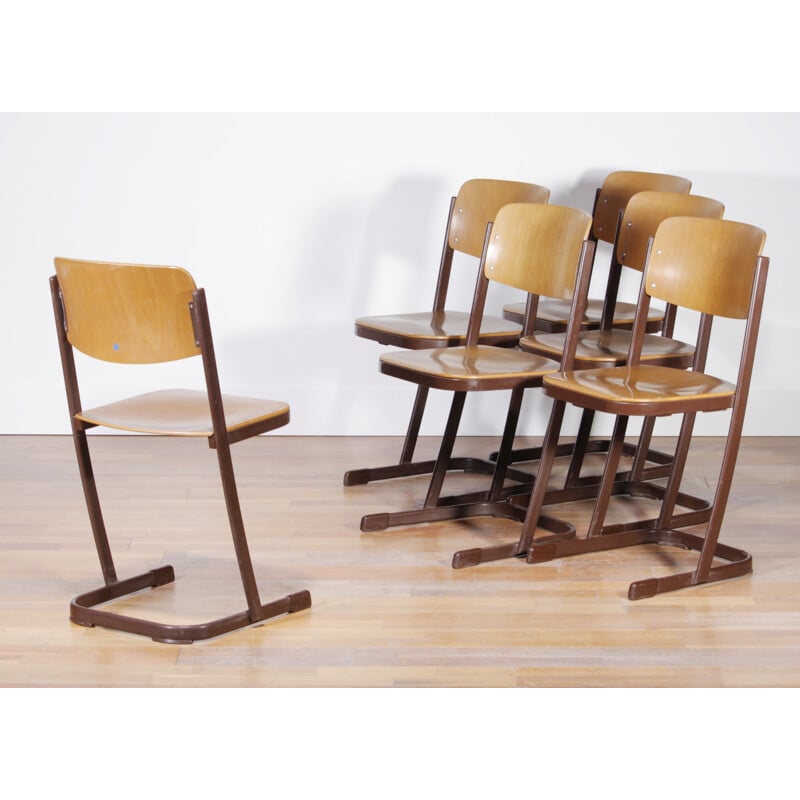 Set of 6 dutch school chairs in metal and plywood - 1950s