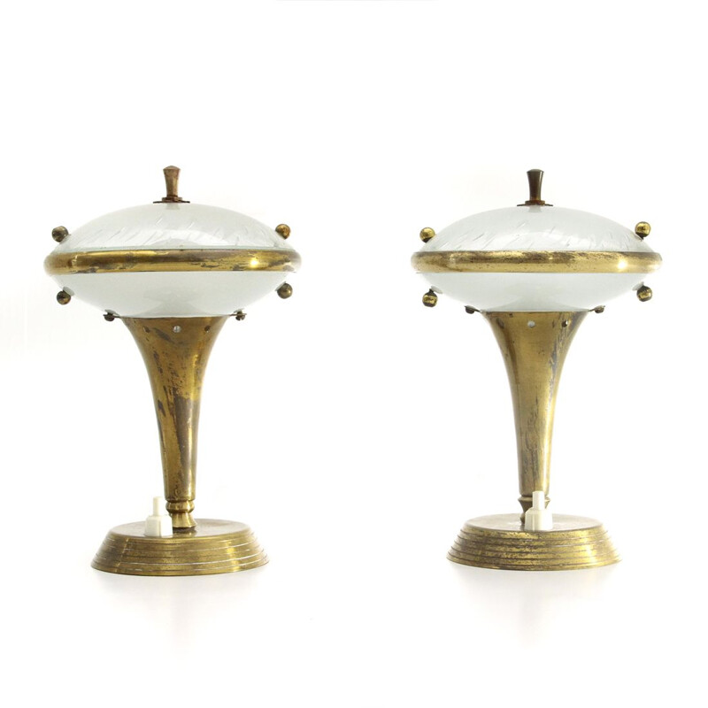 Pair of vintage brass and glass bedside lamps, Italian 1950s