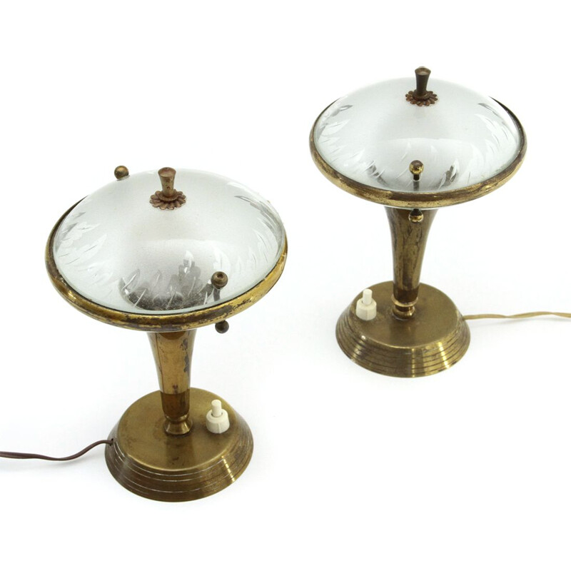 Pair of vintage brass and glass bedside lamps, Italian 1950s