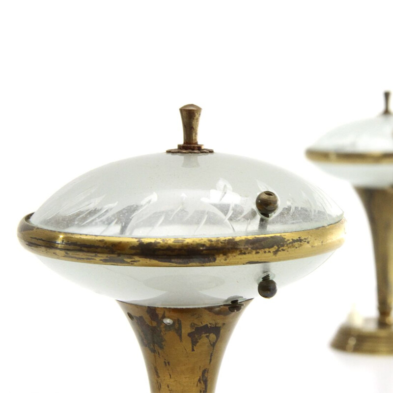 Pair of vintage brass and glass bedside lamps, Italian 1950s