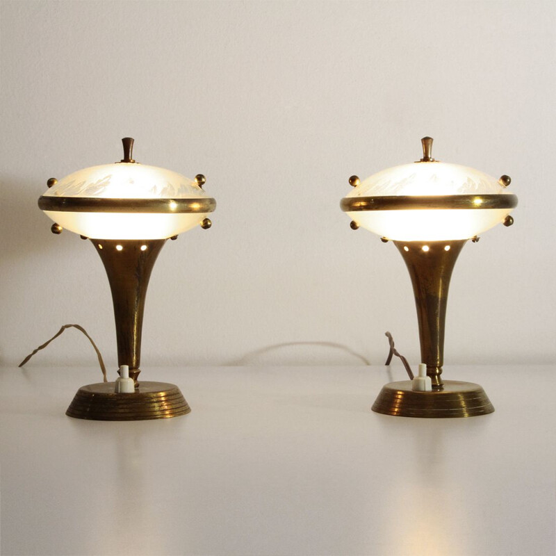 Pair of vintage brass and glass bedside lamps, Italian 1950s