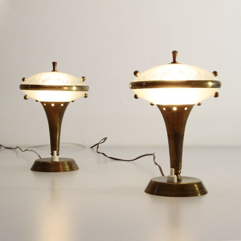 Pair of vintage brass and glass bedside lamps, Italian 1950s