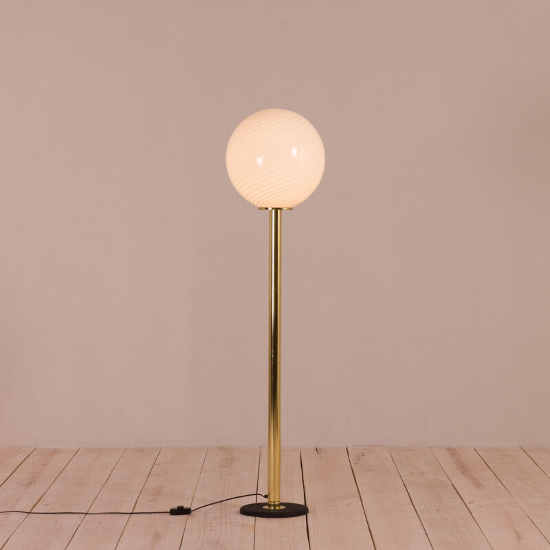 Vintage Venini brass floor lamp with large Murano glass shade, Italy, 1970s