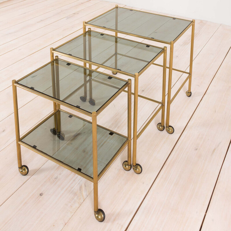 Vintage brass nesting tables on wheels, French 1960s