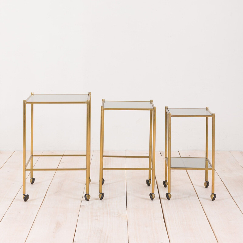 Vintage brass nesting tables on wheels, French 1960s