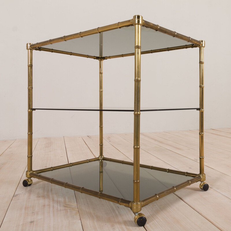 Vintage bar cart trolley with 3 shelves, faux bamboo brass Hollywood Regency Italy, 1970s