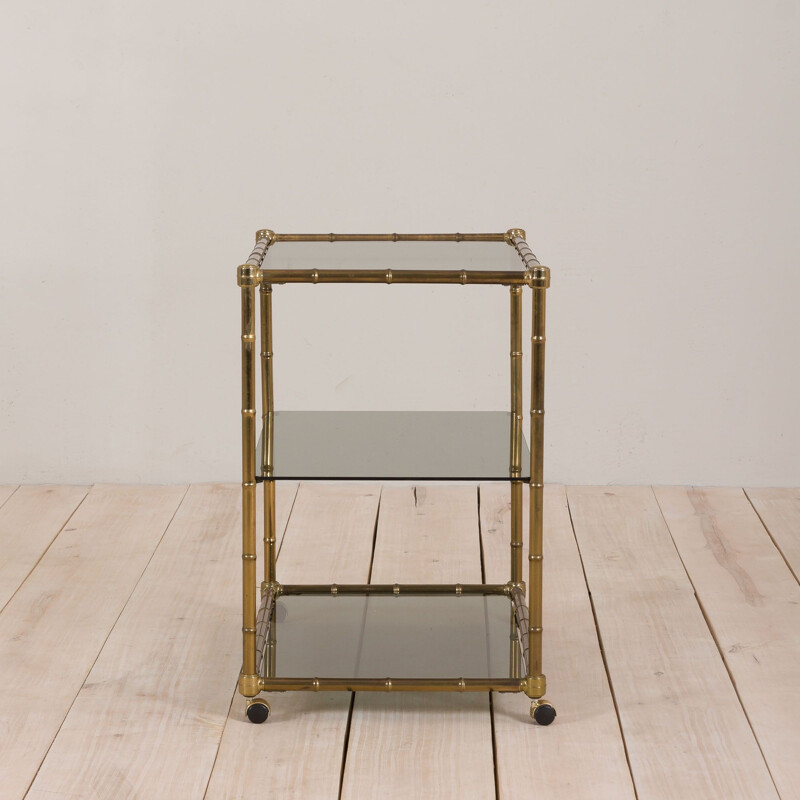 Vintage bar cart trolley with 3 shelves, faux bamboo brass Hollywood Regency Italy, 1970s