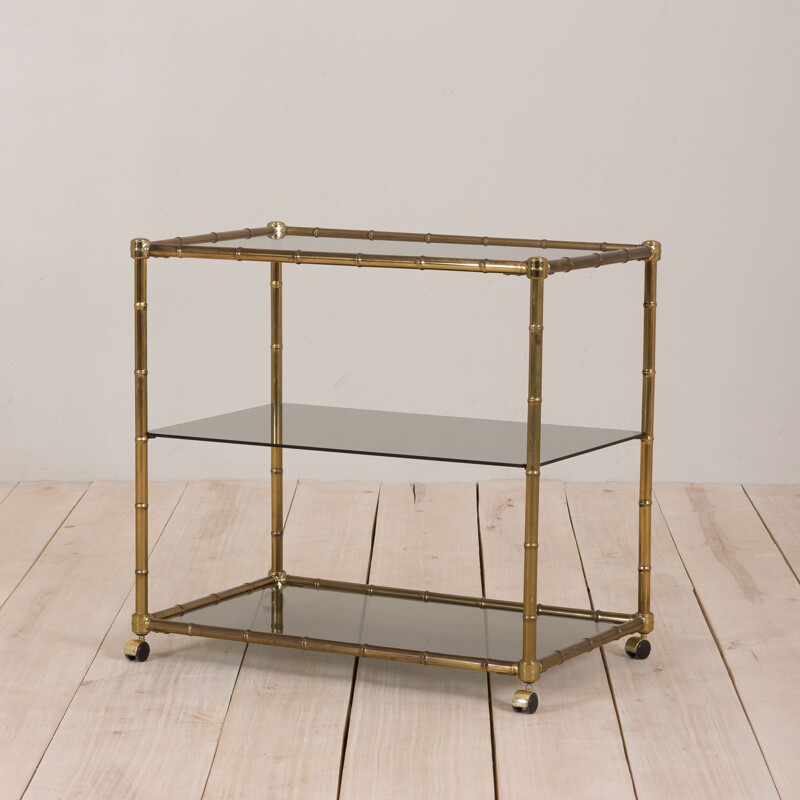 Vintage bar cart trolley with 3 shelves, faux bamboo brass Hollywood Regency Italy, 1970s