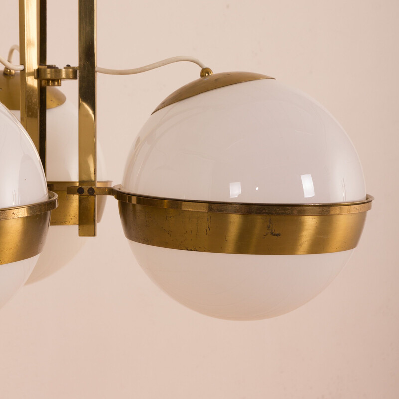 Vintage brass chandelier with 3 opaline glass in Gino Sarfatti Italian