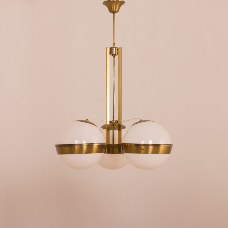 Vintage brass chandelier with 3 opaline glass in Gino Sarfatti Italian