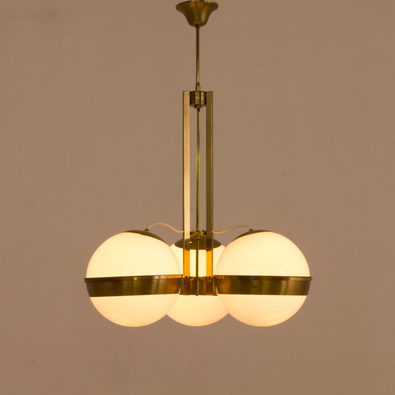 Vintage brass chandelier with 3 opaline glass in Gino Sarfatti Italian