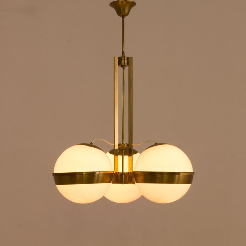 Vintage brass chandelier with 3 opaline glass in Gino Sarfatti Italian