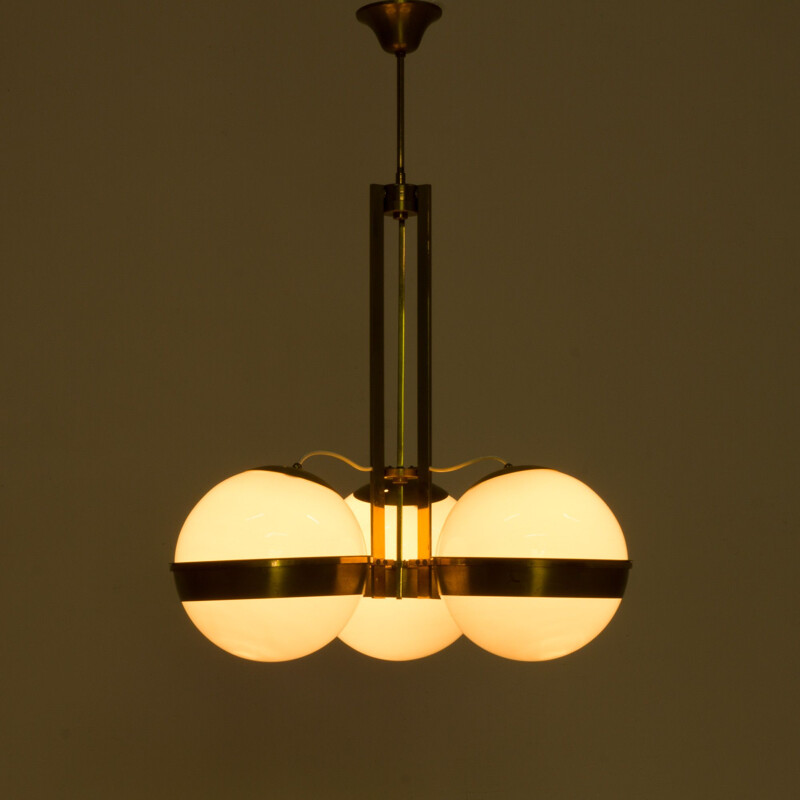 Vintage brass chandelier with 3 opaline glass in Gino Sarfatti Italian