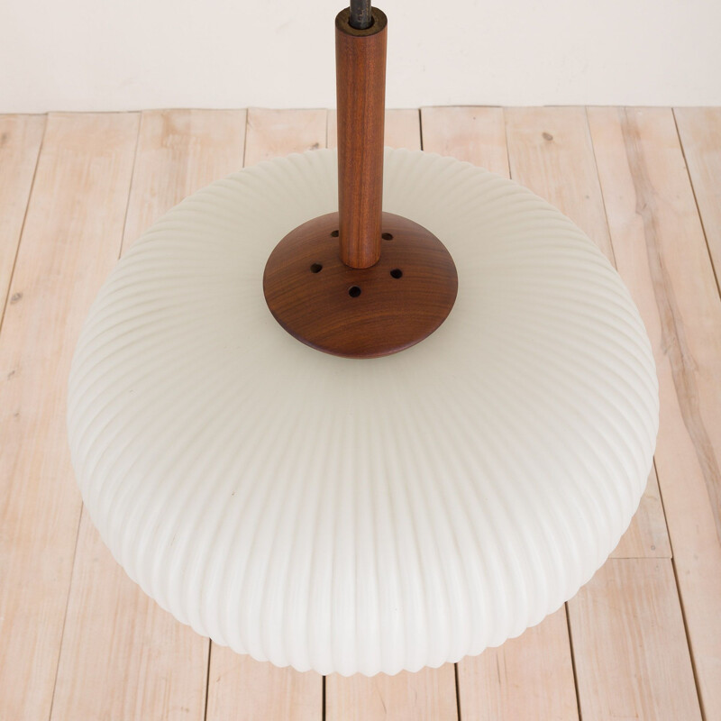 Large vintage ribbed opaline glass and teak pendant lamp of Louis Kalff, 1960s