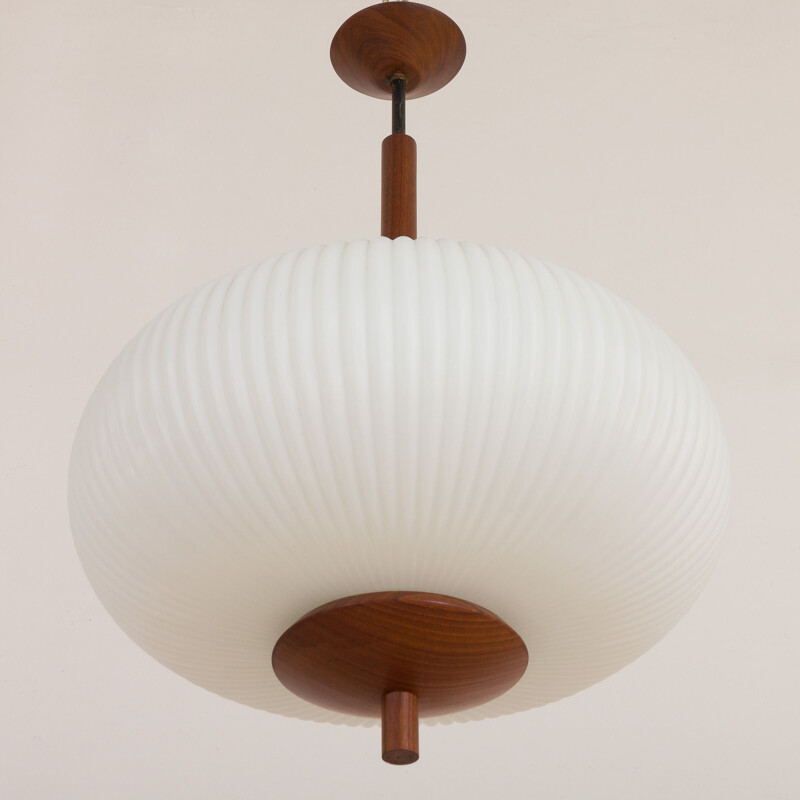 Large vintage ribbed opaline glass and teak pendant lamp of Louis Kalff, 1960s