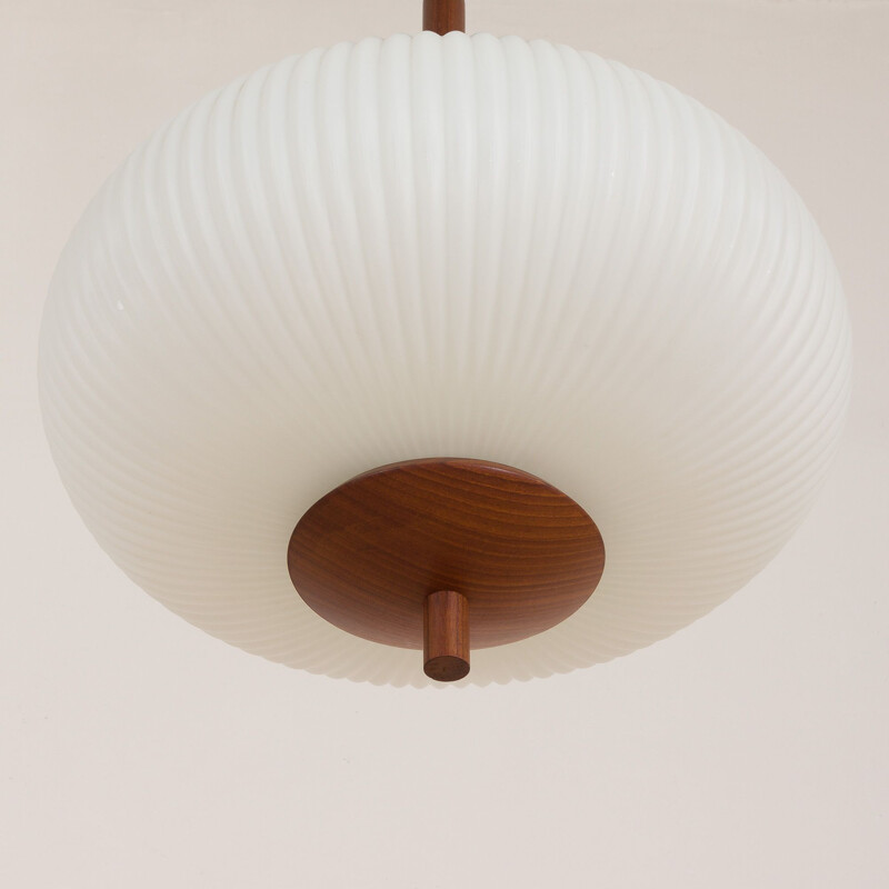 Large vintage ribbed opaline glass and teak pendant lamp of Louis Kalff, 1960s