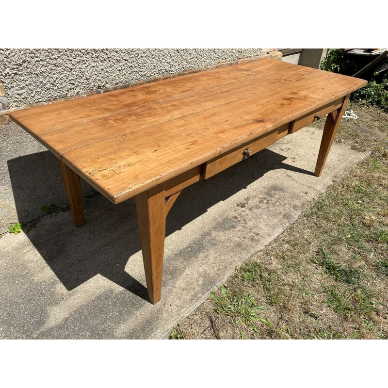 Vintage farm dining table for 810 people in solid wood with 2 drawers 1930