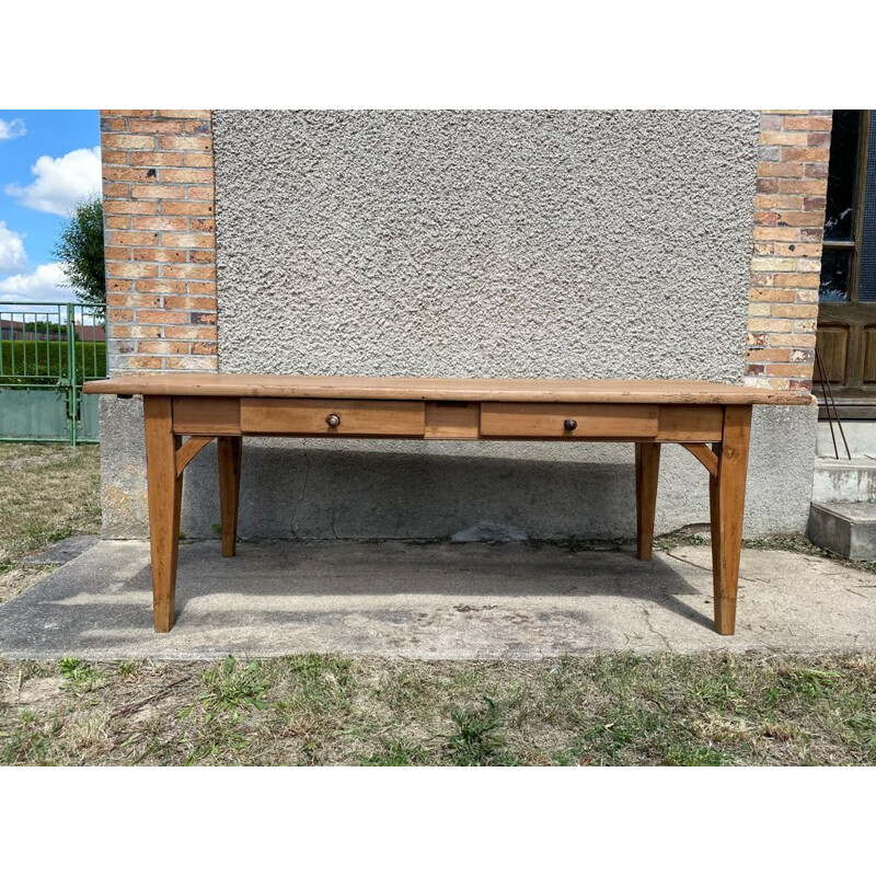 Vintage farm dining table for 810 people in solid wood with 2 drawers 1930