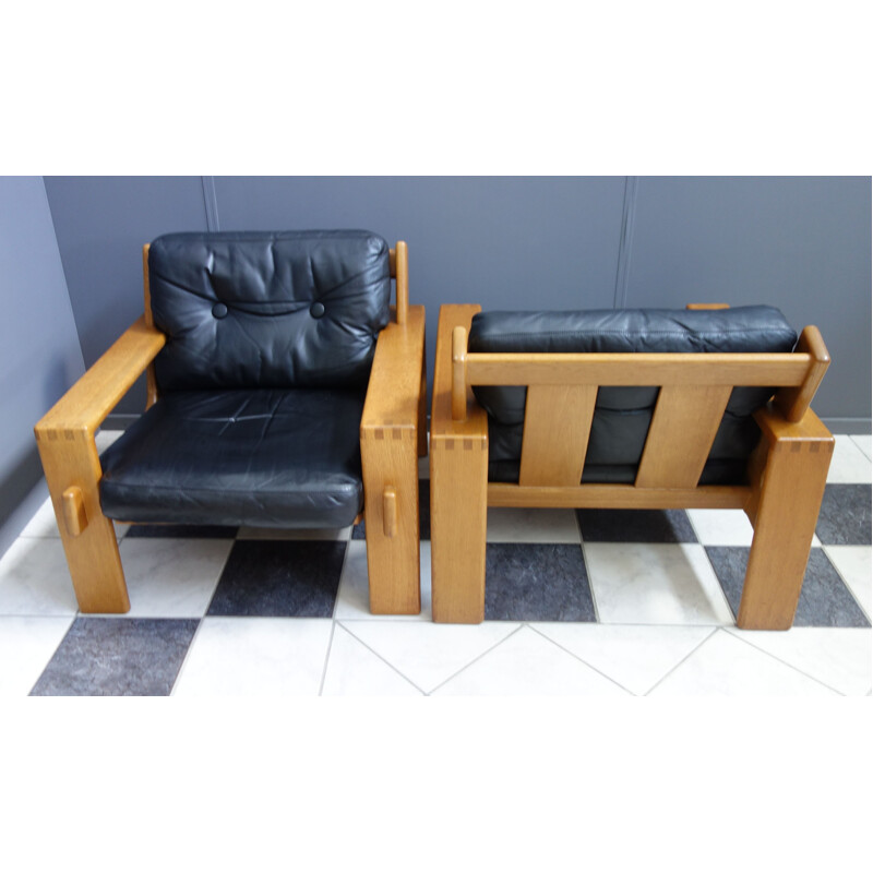 Pair of vintage chairs by Esko Pajamies in Leather and Oak model Bonanza 1960s