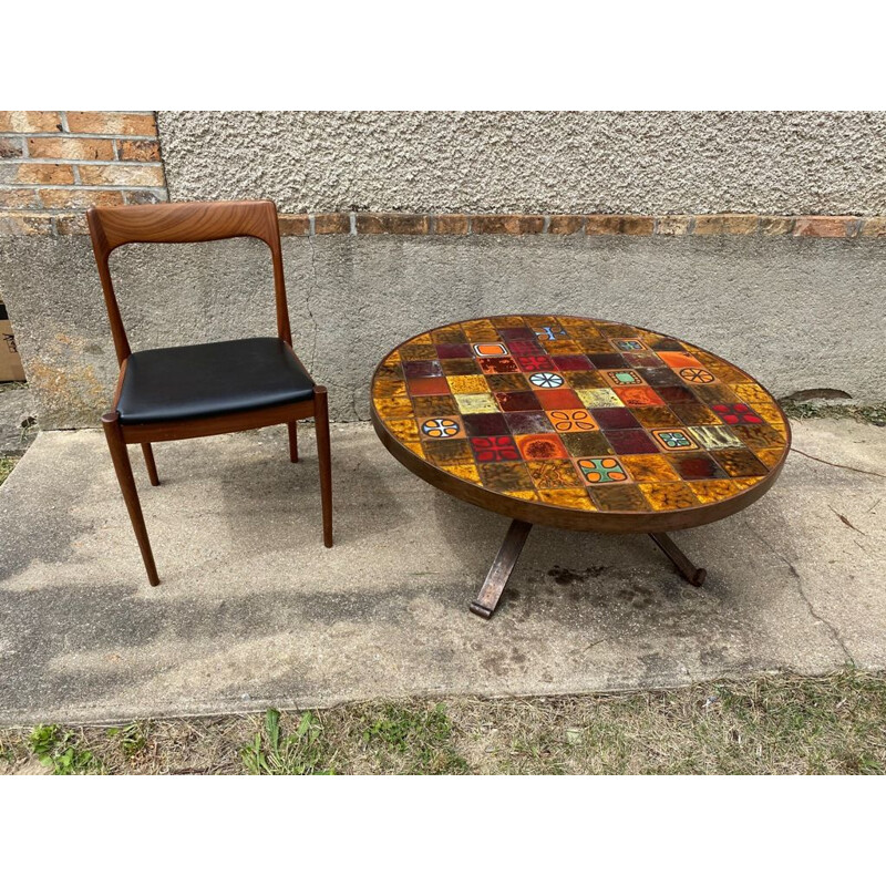 Table basse vintage ronde en céramique et fer forgé de chez Roche Bobois 1970