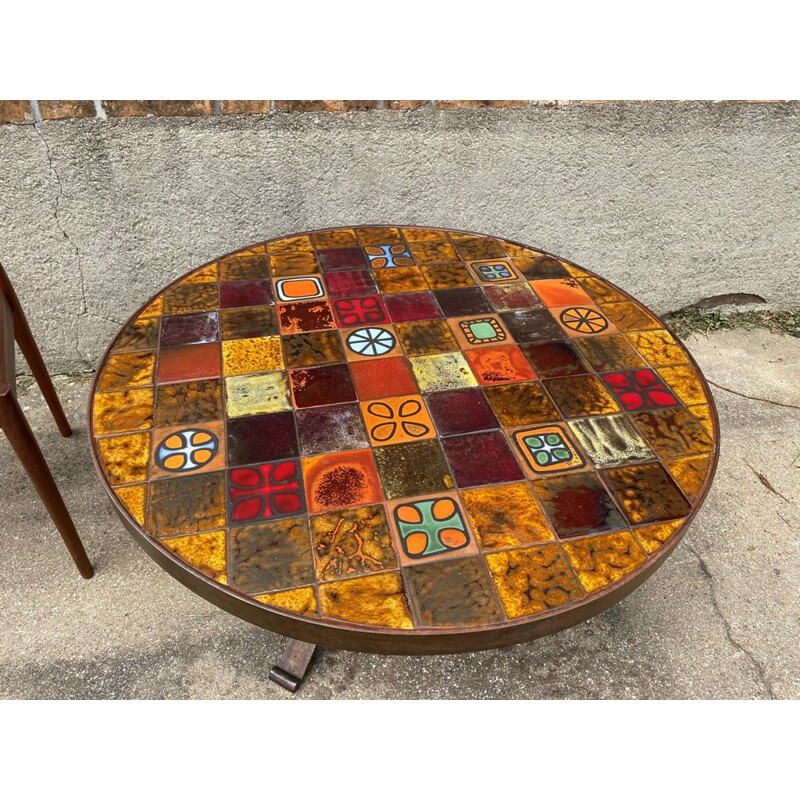 Vintage round ceramic and wrought iron coffee table from Roche Bobois 1970