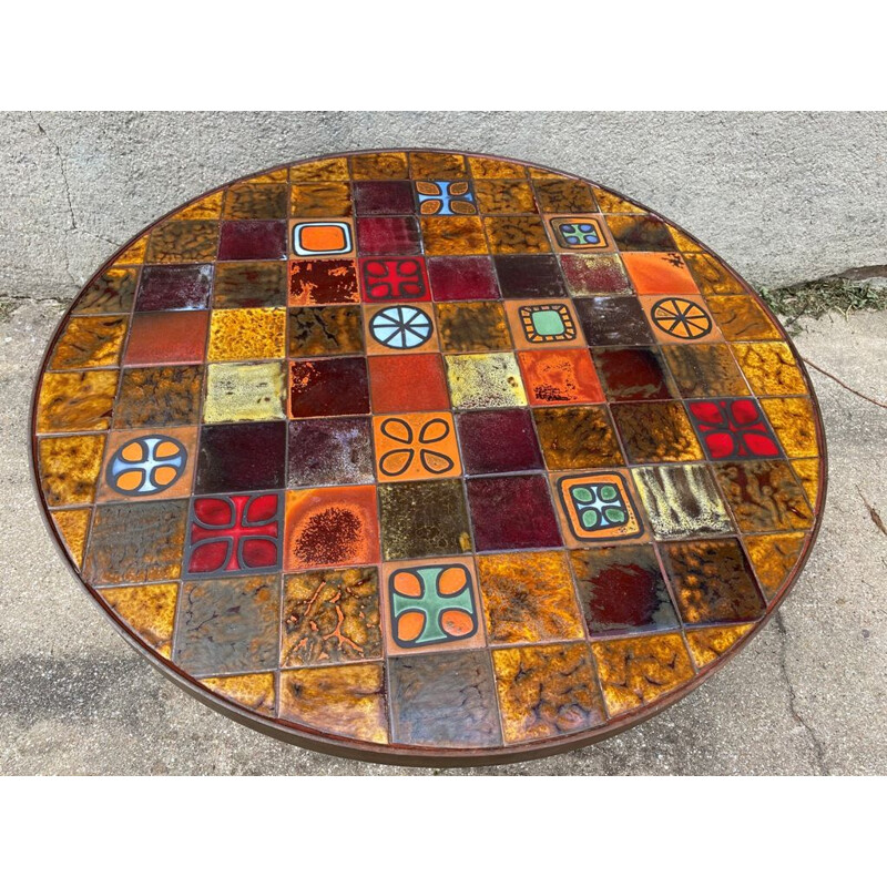 Vintage round ceramic and wrought iron coffee table from Roche Bobois 1970