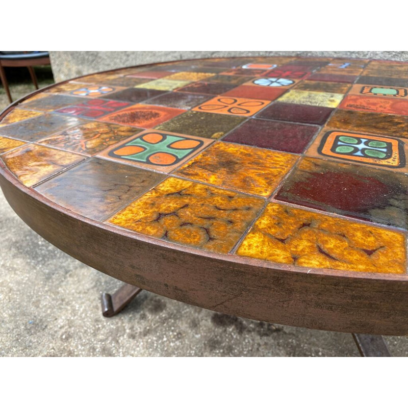 Vintage round ceramic and wrought iron coffee table from Roche Bobois 1970