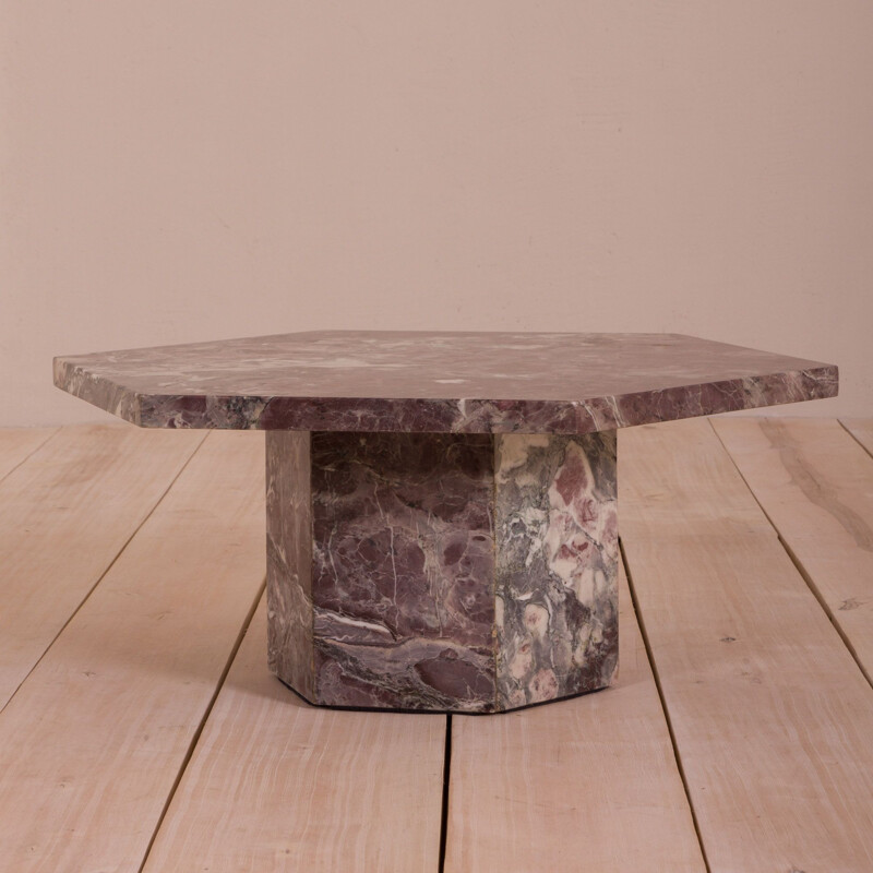 Table basse vintage hexagonale en marbre rose Italie 1980