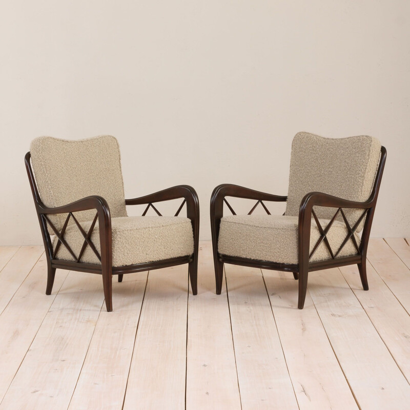 Pair of Vintage Buffa lounge chairs Paolo in alapaca boucle wool upholstery