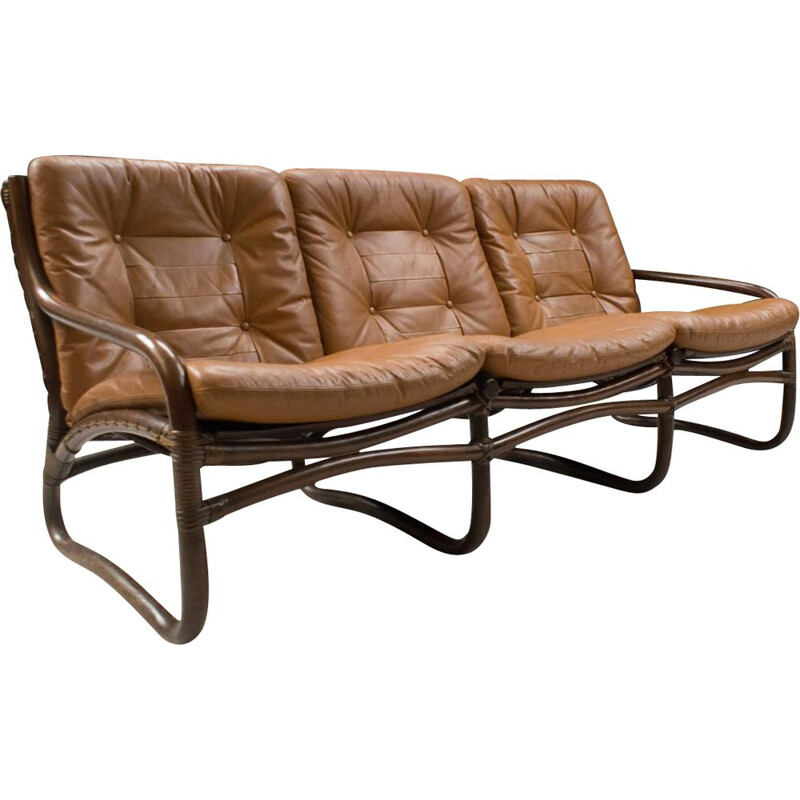 Vintage 3-Sitzer-Sofa aus Bambus, Rattan und Leder, Italien 1960
