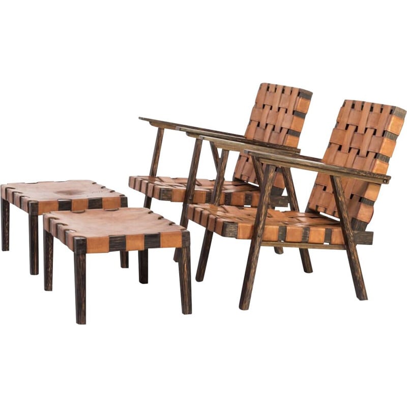 Paire de fauteuils Vintage en bois et cuir sellier avec ottomans 1960