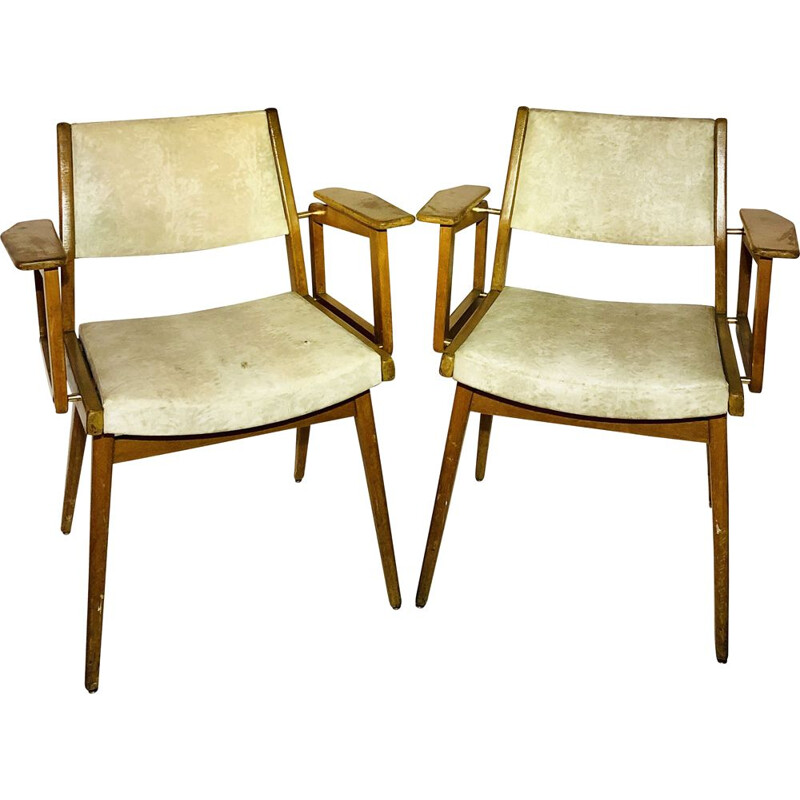 Pair of vintage armchairs in leatherette and wood Robert Debiève 