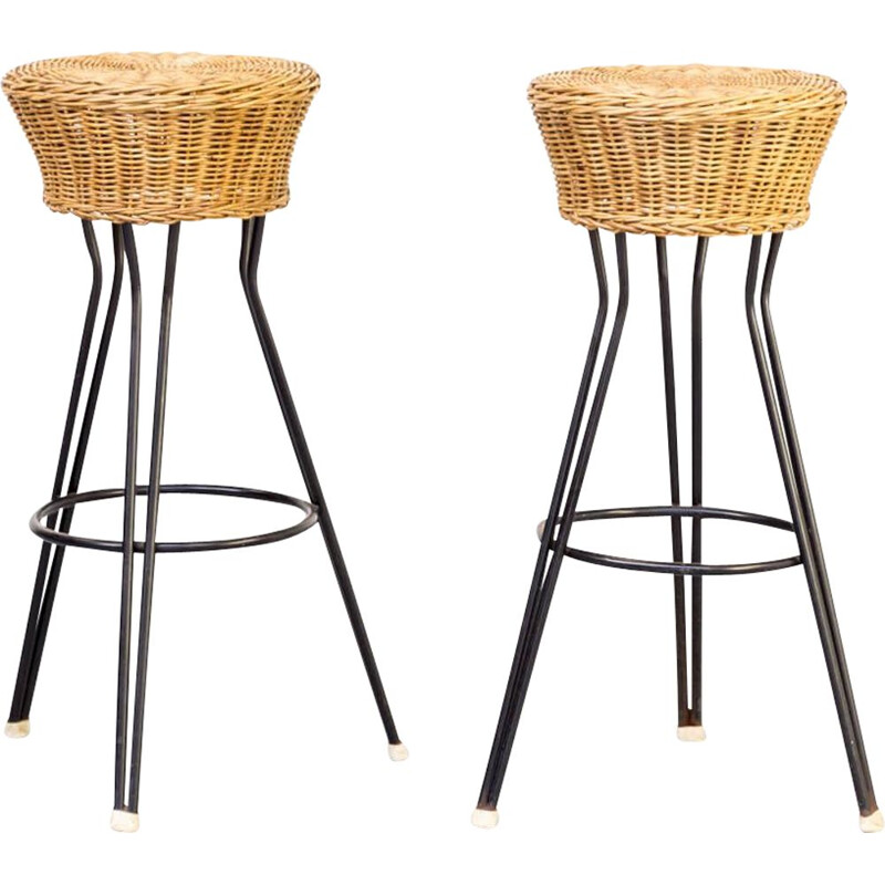 Pair of Vintage Wicker stool for Rohe Noordwolde 1960s