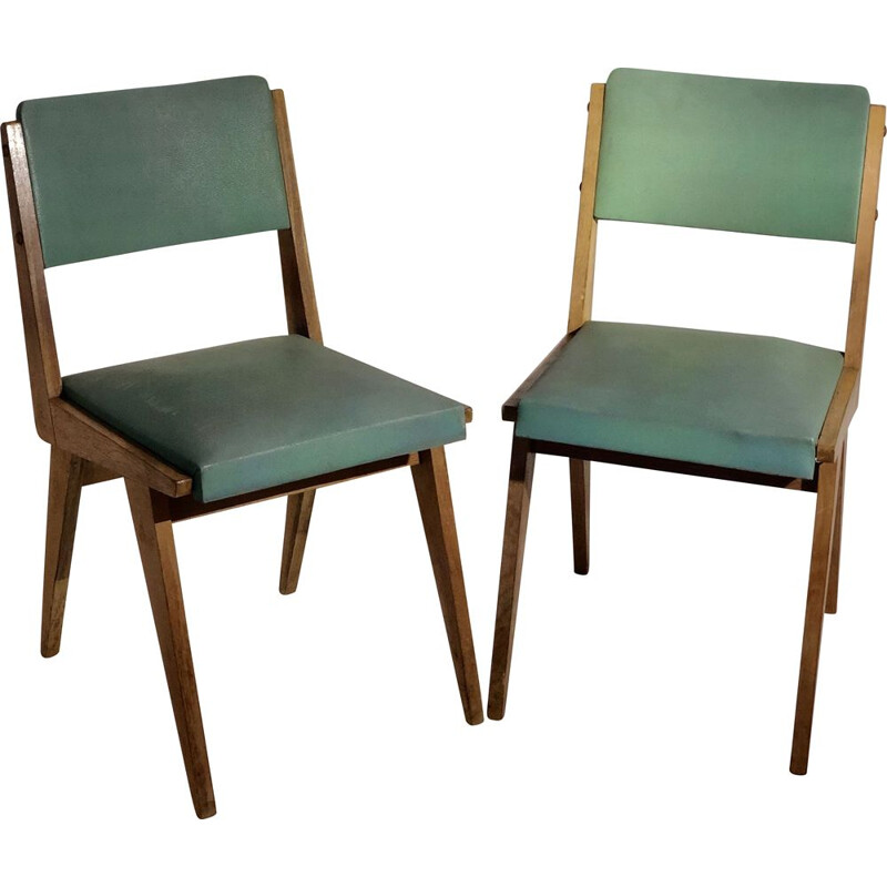 Pair of vintage chairs in leatherette and wood 