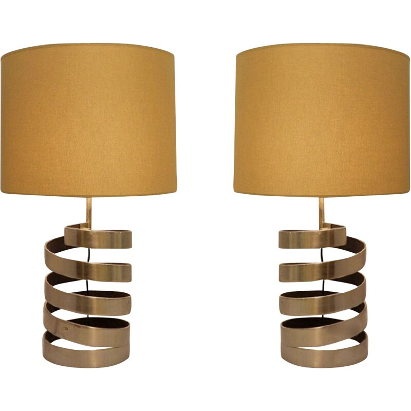 Pair of table lamps with vintage helical base in brushed steel, France 1970