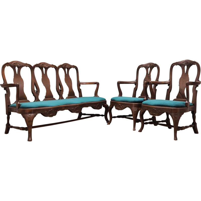 Vintage walnut wood living room set Chippendale 1970 