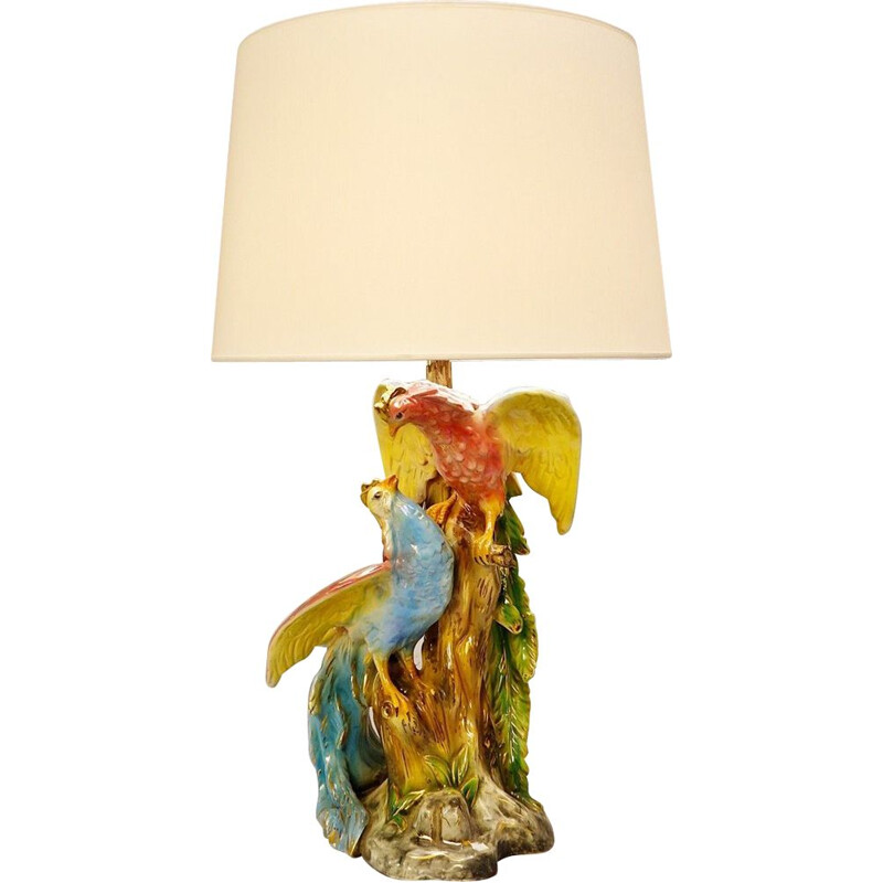 Lampe de table vintage en céramique avec oiseaux