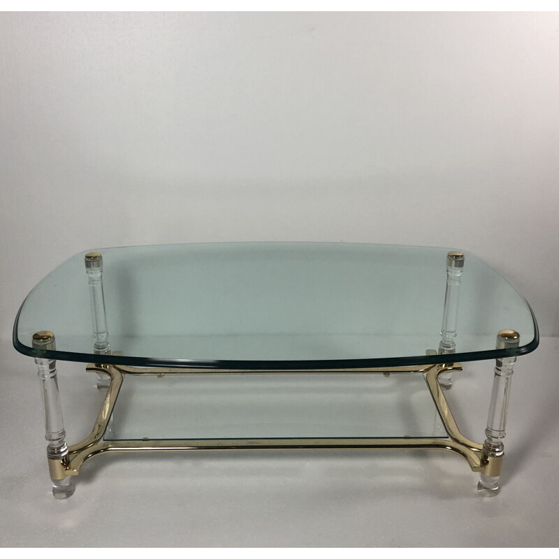 Vintage oval coffee table with smoked and bevelled glass top, plexi and gilded metal legs, 1980s