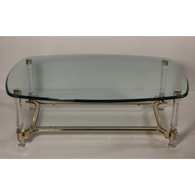 Vintage oval coffee table with smoked and bevelled glass top, plexi and gilded metal legs, 1980s