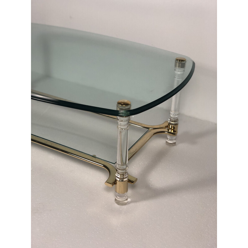 Vintage oval coffee table with smoked and bevelled glass top, plexi and gilded metal legs, 1980s