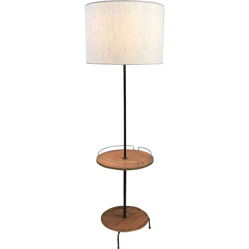 Vintage Teak and Golden Metal Bar Floor Lamp 1960