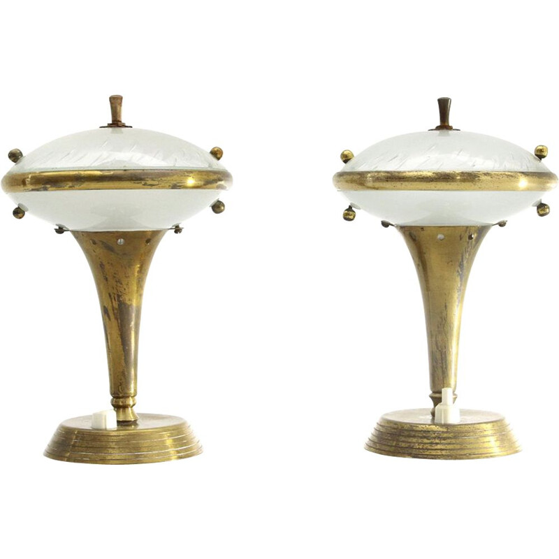 Pair of vintage brass and glass bedside lamps, Italian 1950s