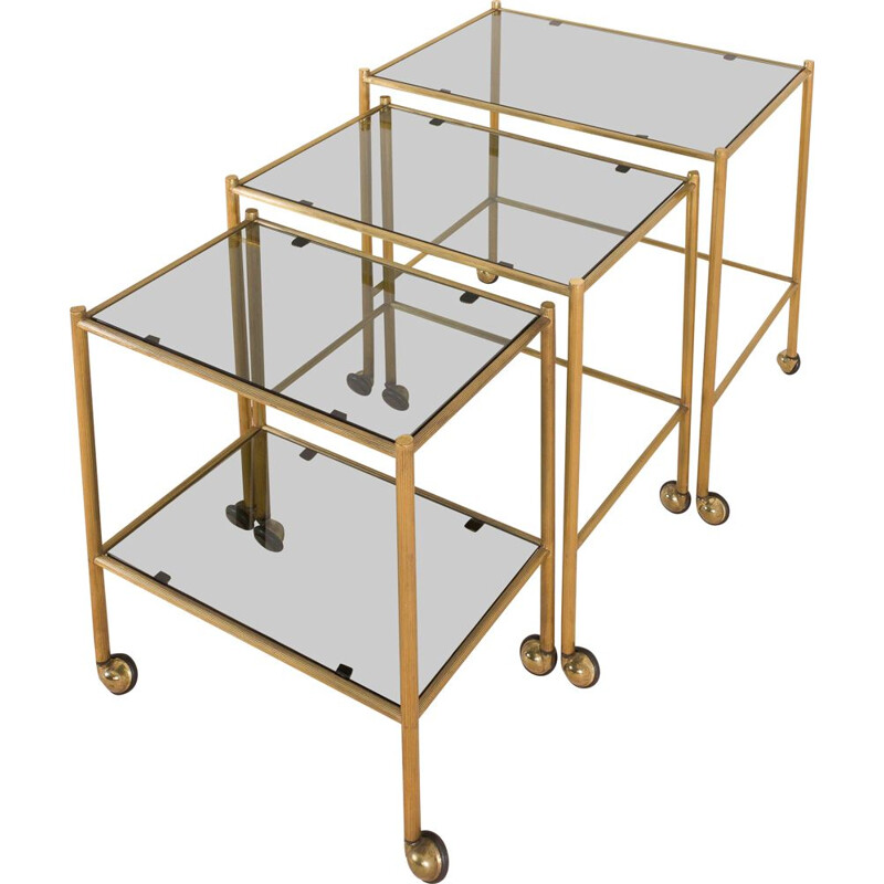 Vintage brass nesting tables on wheels, French 1960s