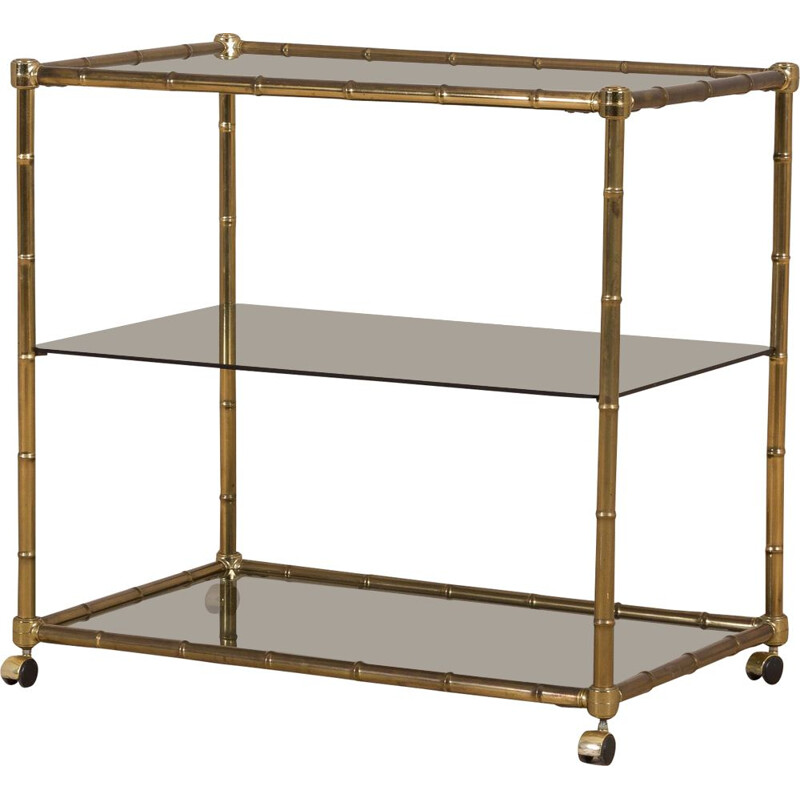 Vintage bar cart trolley with 3 shelves, faux bamboo brass Hollywood Regency Italy, 1970s