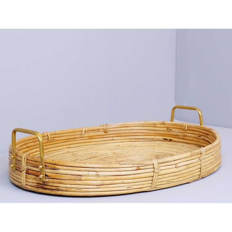 Vintage oval curved rattan serving tray with brass handles