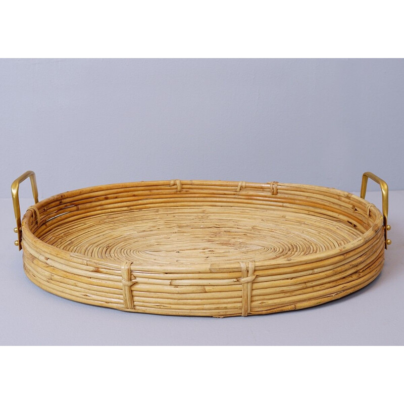 Vintage oval curved rattan serving tray with brass handles