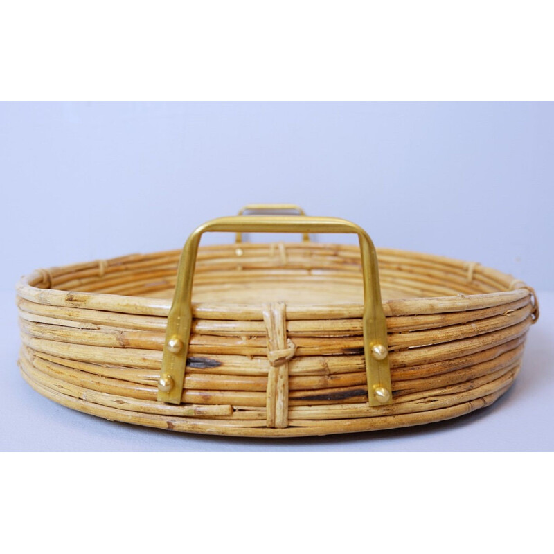 Vintage oval curved rattan serving tray with brass handles